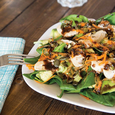 Spinach Chicken Salad with Garlic Balsamic Vinaigrette