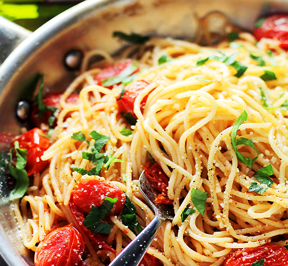 Garlic Parmesan Spaghetti With Blistered Tomatoes