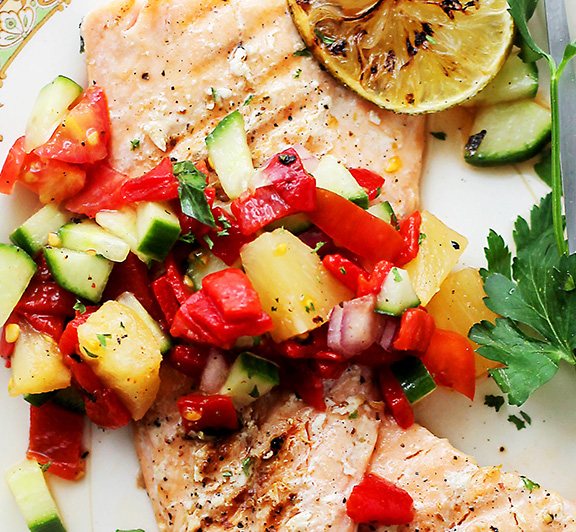 Grilled Salmon with Pineapple & Piquillo Pepper Salsa