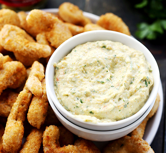 Olives Aioli Dip with Battered Shrimp