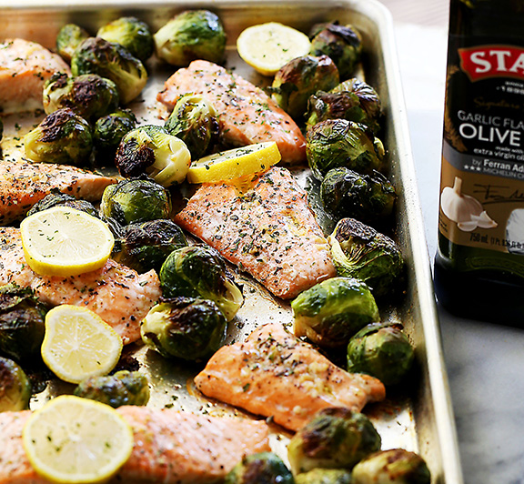 One Sheet Pan Garlic Roasted Salmon with Brussels Sprouts
