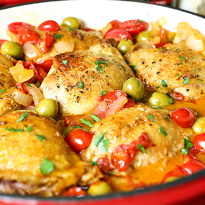 Pan Fried Chicken Thighs with Olives and Tomatoes