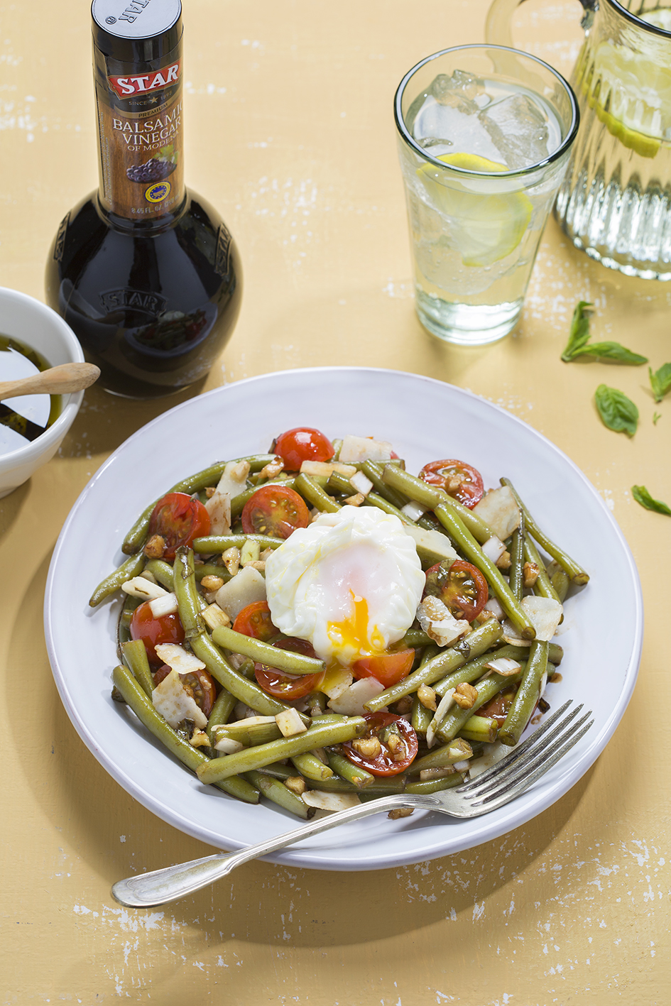Cold green bean and cherry tomato salad with basil balsamic vinaigrette