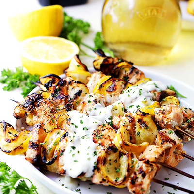 Grilled Salmon Kabobs with Garlic Yogurt Sauce