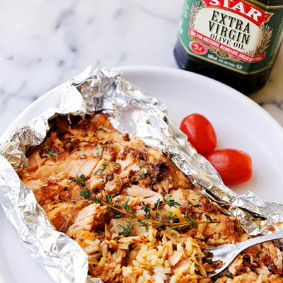 Tomato Pesto Salmon and Rice Baked in Foil