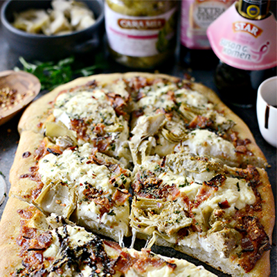 White Pizza with Bacon, Artichokes and Balsamic Drizzle